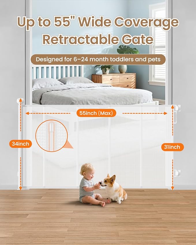 Retractable Baby Gate, 55" Wide Mesh Gate with 4 Reinforced Rods, Prevents Kids & Dogs from Crawling Under, 34" Tall Easy-to-Use Pet Gate for Stairs, Bedrooms, Hallways, Indoor/Outdoor, White