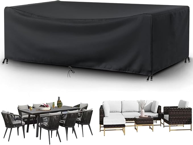 Patio Furniture Covers Outdoor Table Cover Waterproof Rectangular 420D Garden Dining Table Cover Wind Dust Proof Anti-UV Patio Sectional Couch Cover Table and Chair Set Covers 90"Lx65"Wx28"H Black