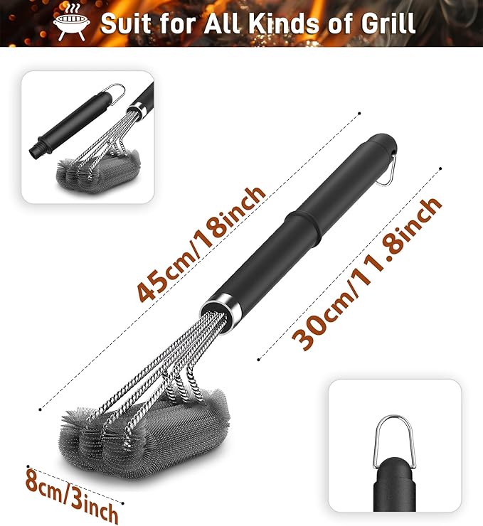 BBQ Grill Cleaning Brush, Heavy Duty Grill Cleaning Brush for Outdoor Grill, 3-Branch Stainless Steel Bristles Cleaner for Easier and Effective Clean, BBQ Tools for Gas/Charcoal Grilling Grates