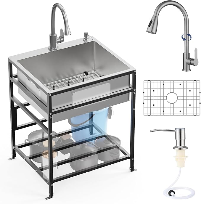 25x22 Inch Stainless Steel Utility Sink-Freestanding Laundry Sink Practicality With Accessories Stainless Functional Faucet,Soap Dispenser, SS Sink Grid For Laundry,Garage,Outdoor Kitchen,Garden...