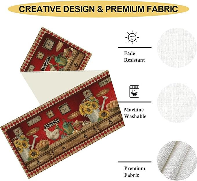 Rooster Table Runner, Rustic Farmhouse Country Cottage Farm Animal Sunflower Retro Checked Table Runner Seasonal Holiday Home Kitchen Dining Table for Home Party Decor 13"x90"