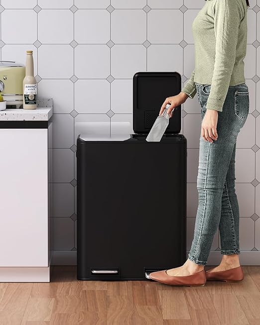 Arlopu 16Gal Dual Trash Can w/2 Built-in Box for Odor Control, Hands-Free Kitchen Garbage Bin, Recycle Waste Dustbin, Soft-Close Lid, 2 Buckets,Foot Pedal, Side Handle, Airtight,for Home (Black)