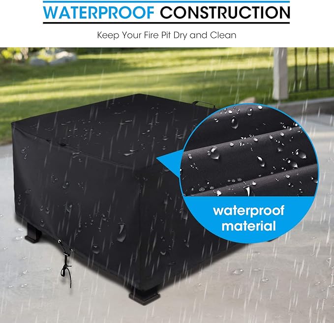 Unicook Square Fire Pit Cover 38 Inch, Heavy Duty Waterproof Fire Table Cover, Outdoor Firepit Protector with Drawstring and Handles, All Weather Protection, Black