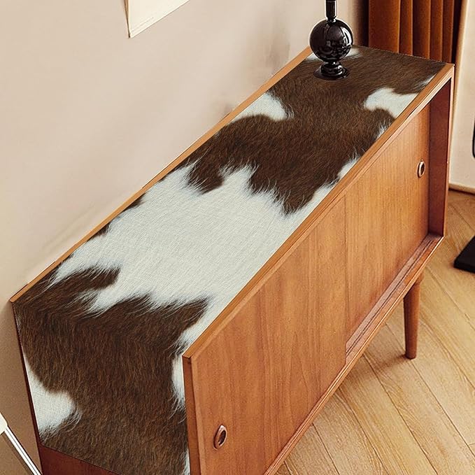 Cow Print Table Runner, Brown Cowhide Print Western Style Table Runner Country Farmhouse Cottage Cow Pattern Linen Table Decoration for Home Kitchen Dining 13x36
