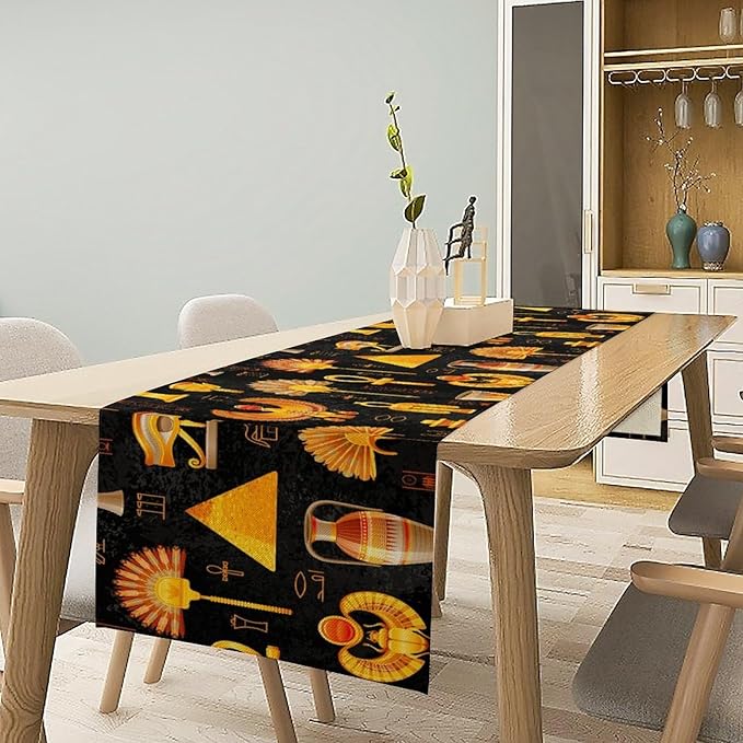 Egyptian Table Runner, Retro Egypt Mural Old Hieroglyphic Elements Ancient Mythology Hieroglyph Symbol Printed Kitchen Dining Table Runner for Kitchen Living Room Home Party 13x60in