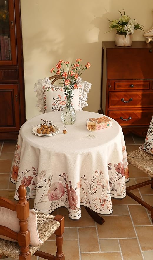 French Linen Round Tablecloth,Vintage Pink Table Floral Pattern Wrinkle Free Tablecloths,Decor Table Cover for Kitchen,Dining,Party,Thanksgiving,Christmas,Diameter 67"-Sloosa