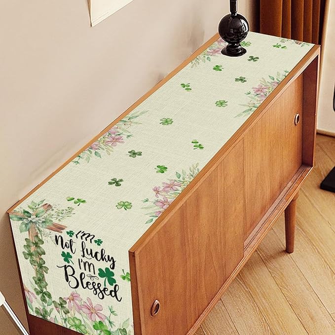Cross Clover Table Runner,Rustic Beige Pink Floral Green Shamrock St.Patrick's Day Table Center Decor for Home Kitchen Dining Patio Holiday Party Indoor Decorations, 13"x36"