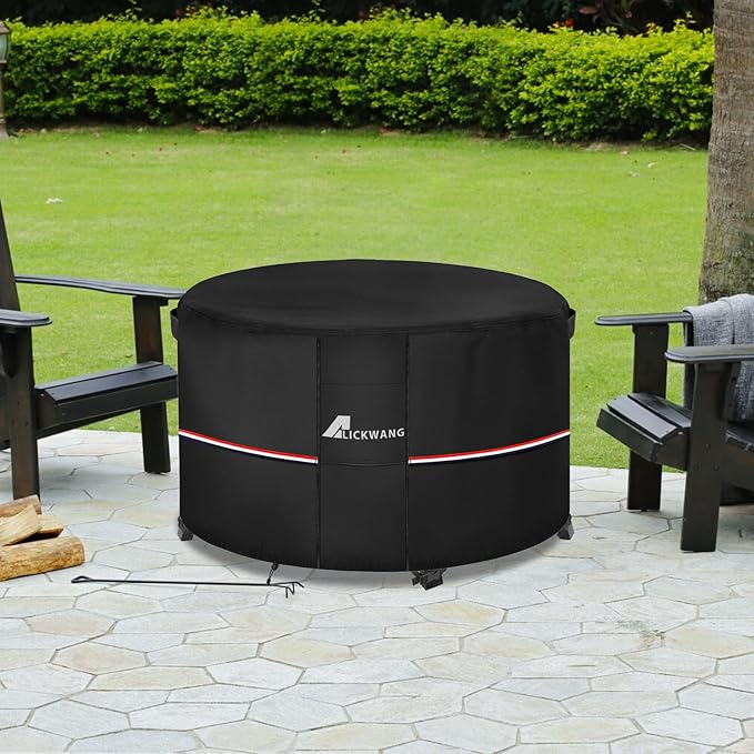 Fire Pit Cover Round 48 Inch Waterproof,Outdoor Heavy Duty Durable 600D Tear-Resistant Fire Pit Table Cover,Patio Round Firepit Cover 48" D x 24" H, Black