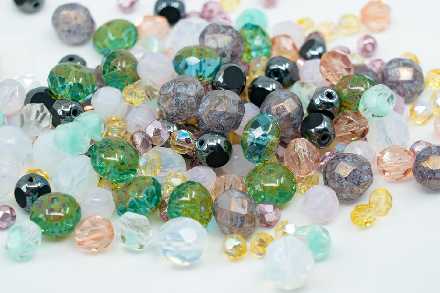 1.8 oz (50g) Gentle Mix of Faceted Fire Polished Czech Glass Beads (Round, Rondelle etc) 4-10mm, Light Pink Teal Yellow Opal