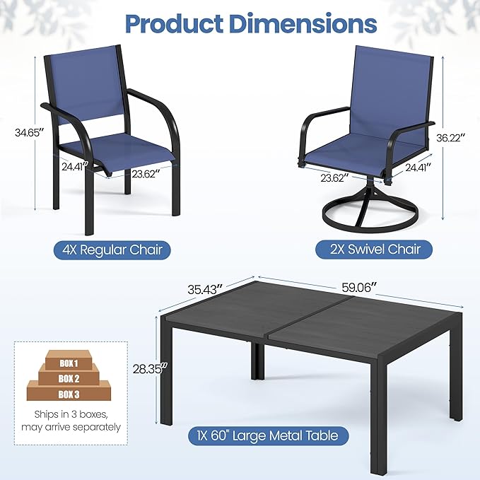 Outdoor Dining Set for 6, Metal Patio Table and Chairs Set with 2 Swivel Chairs, 4 Regular Textilene Chairs and 1 Large Table, Modern Patio Furniture Set for Deck Backyard (Navy Blue)