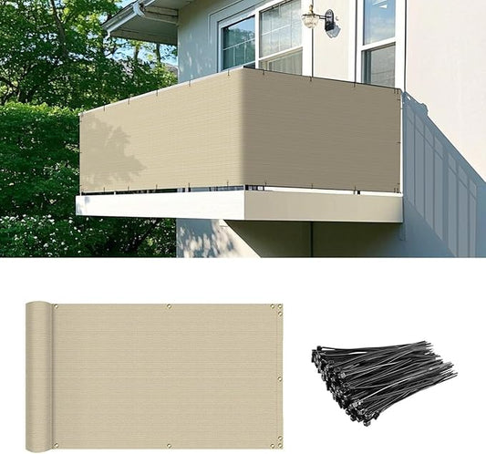 2.5' x 214' Balcony Privacy Screen Fence Cover with Zip Ties Grommets for Apartment Patio Porch Deck Backyard Outdoor (Beige)