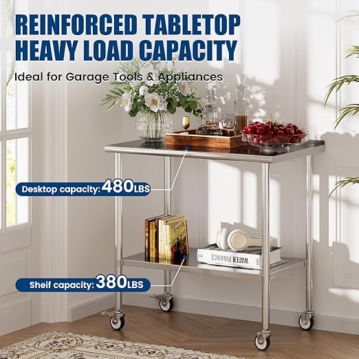 Stainless Steel Work Table with Wheels, 24x48 Inch NSF Food Prep Table with Backsplash & Adjustable Undershelf for Commercial Kitchen, Restaurant, Garage