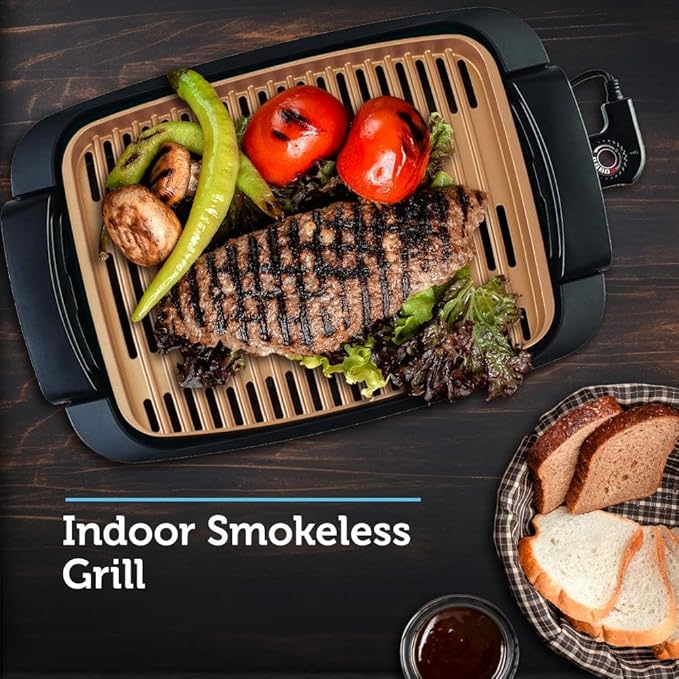 Courant smokeless indoor Electric grill, Copper Non-stick Coating Extra Large and Adjustable Temperature Control, Grill BBQ, Table Top Indoor Grill