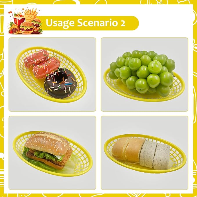 20 Pack Plastic Fast Food Baskets, 8.8" × 5.5" Small Oval Restaurant Serving Baskets Tray for Burgers, Sandwiches, Hot Dogs, Parties, Food Trucks, Reusable or Disposable, Stackable(Yellow)