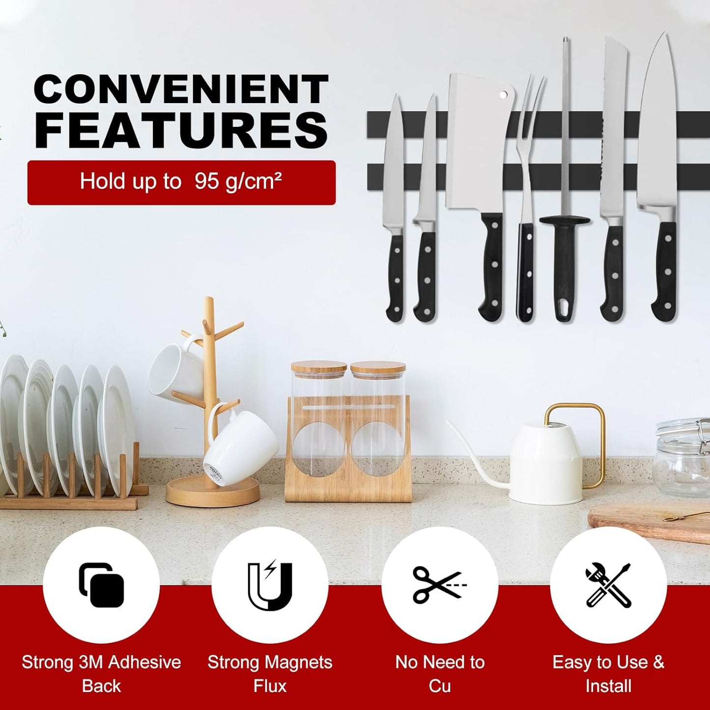 Thaibear Magnetic Strip, Flexible Magnetic Strips with Adhesive Backing (5 Pack, 12" x 1") Strong Sticky Magnetic Tape for Kitchen, Garden - Magnet Tape Strip Holder Strip for Wall