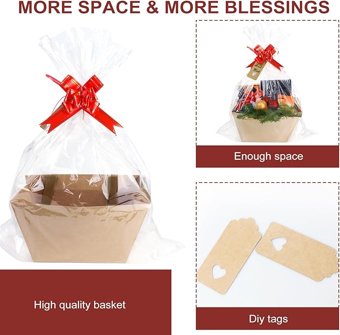 Bigger Baskets for Gifts Empty, 6 Pack Sturdy Kraft Basket With Handles Gift Basket Kit, 6 Shrink Wrap Bags, 6 Bows and Hang Tag, Empty Gift Baskets to Fill for Valentines Birthday Baby Shower