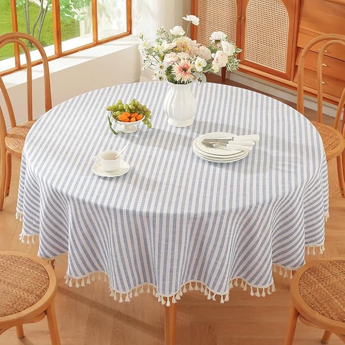 TruDelve 60 Inch Round Tablecloth Blue and White Striped Cloth Tablecloths Circle Fabric Outdoor Tablecloths for Round Tables (Blue,60",Round)