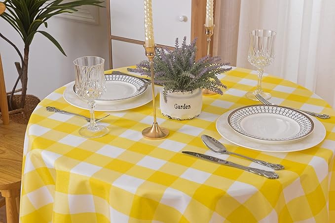 2 Pack Waterproof Polyester Fabic Round Checkered Tablecloth，60 Outdoor Table Cloth，Oil Stain Prevention Table Cloth for Pinics and Parties（Yellow and White）