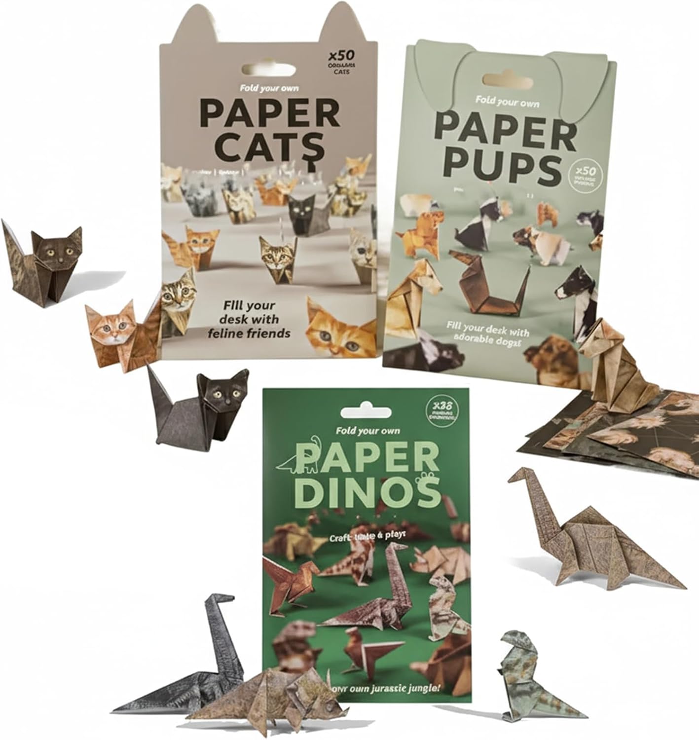DIY Paper Cats Origami Kit - 50/30 Sheets DIY Paper Origami to Fold Your Own Cute Cat/Dog/Dino Figures - Perfect Desk Origami Cats Decoration & Creative Gift for Kids, Adults & Cat Lovers (Set of 3)