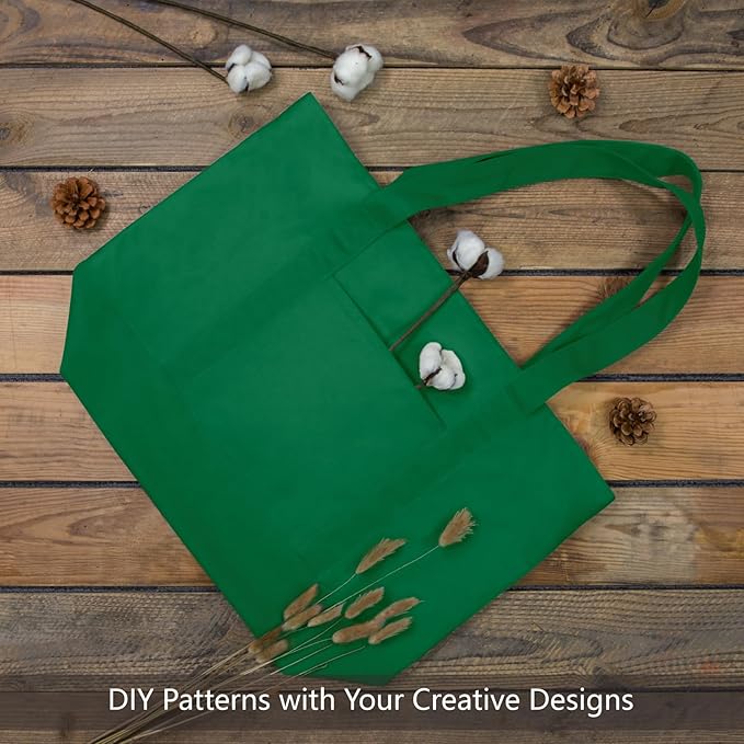 TOPDesign 6-Pack Canvas Tote Bags with an External Pocket, Reusable Grocery Shopping Bags, Top Zipper Closure, Daily Essentials (Green)