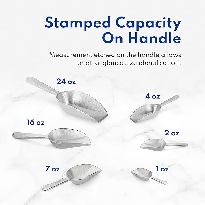 New Star Foodservice 34646 One-Piece Cast Aluminum Flat Bottom Bar Ice Flour Utility Scoop, 2-Ounce, Silver