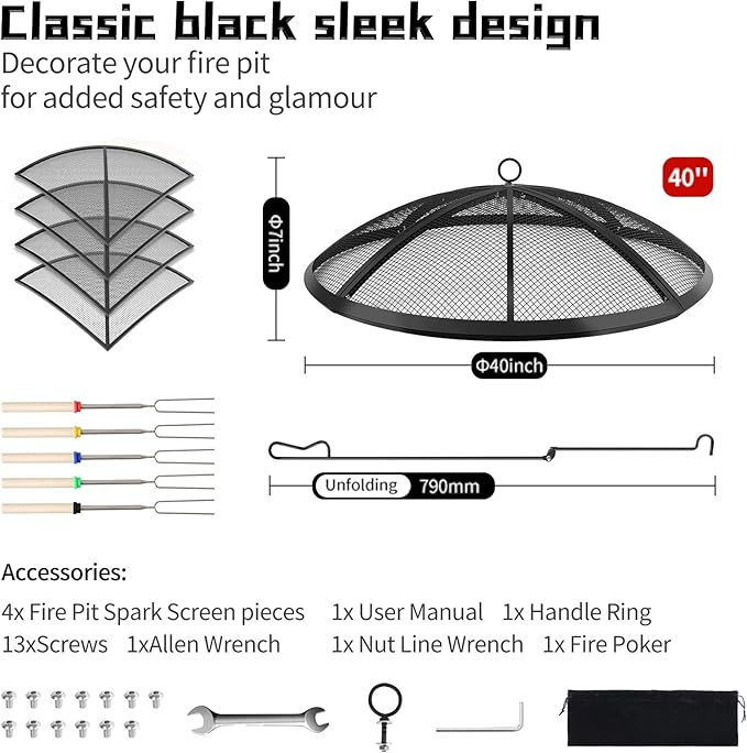 Fire Pit Spark Screen, Outdoor 40 Inch Round Fire Pit Screen with Foldable Hook and Marshmallow Sticks, Heavy Duty Steel Mesh Fire Pit Cover for Backyard, Beach, RV Camping