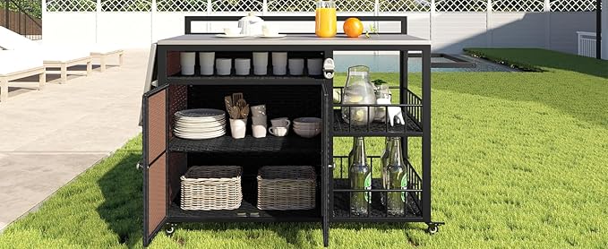 CHARMMA 63.5" Outdoor Kitchen Island, Kitchen Storage Island, Cooking Station, Outdoor Grill Cart with Foldable Side Tabletop, Ample Storage Space, Bottle Opener for Outside Patio, Backyard