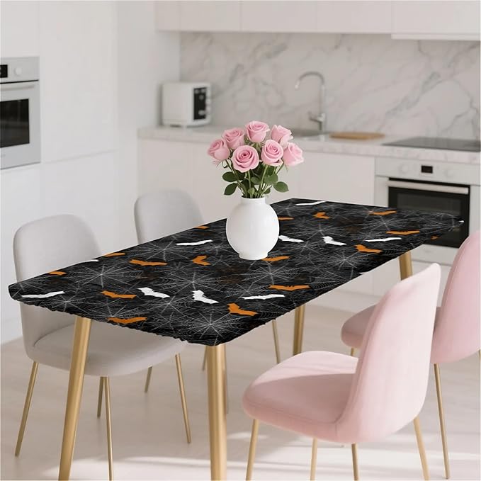 Rectangle Table Cloth Cover Waterproof Elastic Fitted Polyester Fitted Tablecloths for 4 Foot Tables for Indoor,Picnic, Camping, Outdoor （48" x 24"，Halloween）