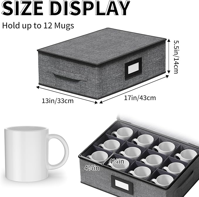 Aokeyee 2-Pack Cup and Mug Storage Box, Hard Shell China Storage Containers - Holds 24 Coffee Mugs, Tea Cups & Glasses, Stackable Organizers with Lid, Handles, Zippers & Label for Moving