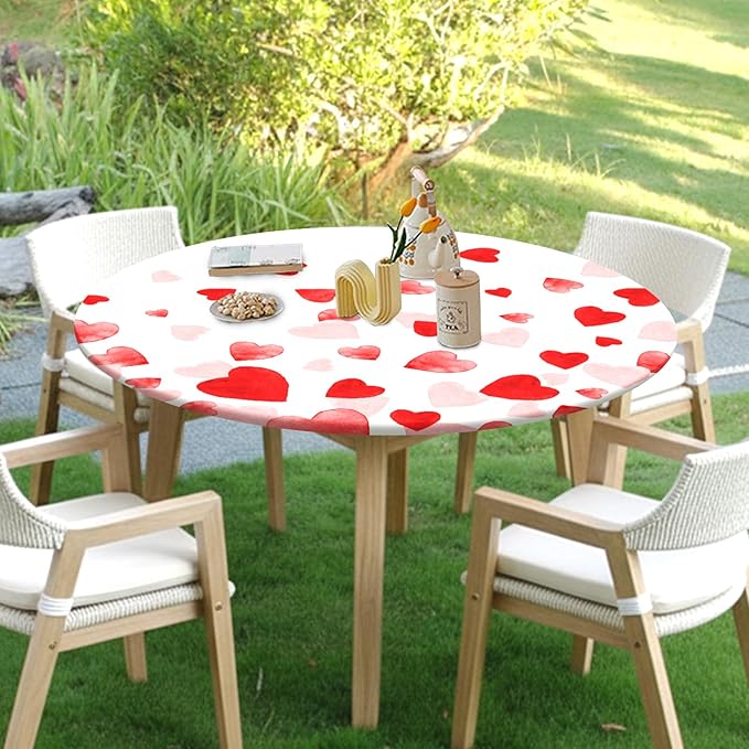 Valentines Day Round Fitted Tablecloth with Elastic Pink Red Love Heart Circle Table Cloth for 36-40" Round Tables Wipeable Waterproof Washable Valentine Table Cover for Picnic Dining Party Decor