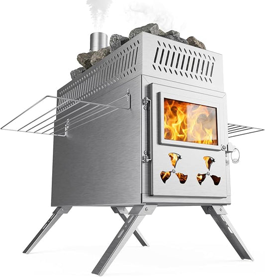 Sauna Hot Tent Stove, Camping Wood Burning Stove with 8 Stainless Chimney Pipes, Portable Folding Wood Stove for Tent, Outdoor Heating, Cooking, Ice Fishing, Hunting