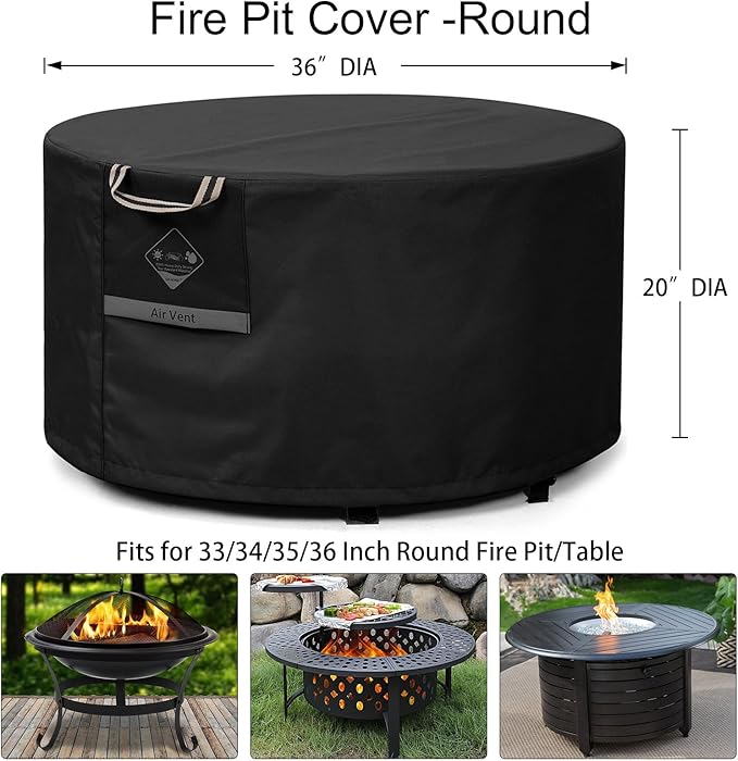 QH.HOME Fire Pit Cover Round, 100% Waterproof, 600D Strong Tear Resistant, Outdoor Firepit Covers Round Fits 33",34 inch ,35 inch,36 inch Fire Pit Cover, 36” Dia X 20”H -Black .