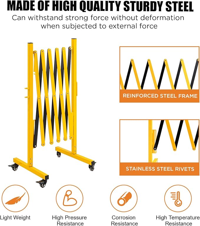 TECSPACE Industrial Expandable Metal Barricade, Expansion Size 8.2 FT, Yellow and Black, Durable Steel Safety Barricade with casters, Flexible Mobile Barrier Gate, Adjustable Traffic Fence