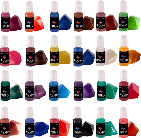 Rolio Pigments Resin Liquid Pigment Pearlescent Colors - 24 Vibrant Colors for Epoxy Resin, Jewelry Making, Crafts Decorations, Garment Accessories, Painting, DIY Art - 0.33 oz/10 ml Each