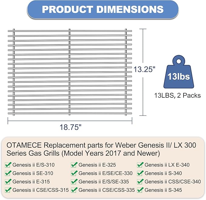 Stainless Steel Grill Grates with 66032 Flavorizer Bars for Weber Genesis II Grill Parts GS4,66095 Cooking Grates 66795 Heat Deflector Replacement Parts for Weber Genesis ii E-310 E-315 S-335
