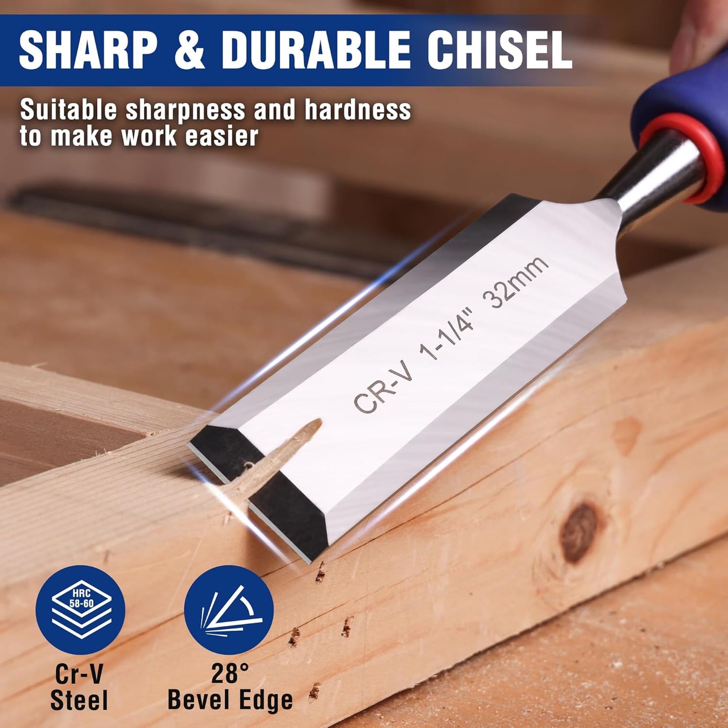 WORKPRO 10-Piece Wood Chisel Set for Woodworking, Cr-V Bevel Edge Chisels (1/4", 1/2", 3/4", 1", 1-1/4", 1-1/2") with Sharpening Stone, Honing Guide, Carpenter Pencils & Storage Case