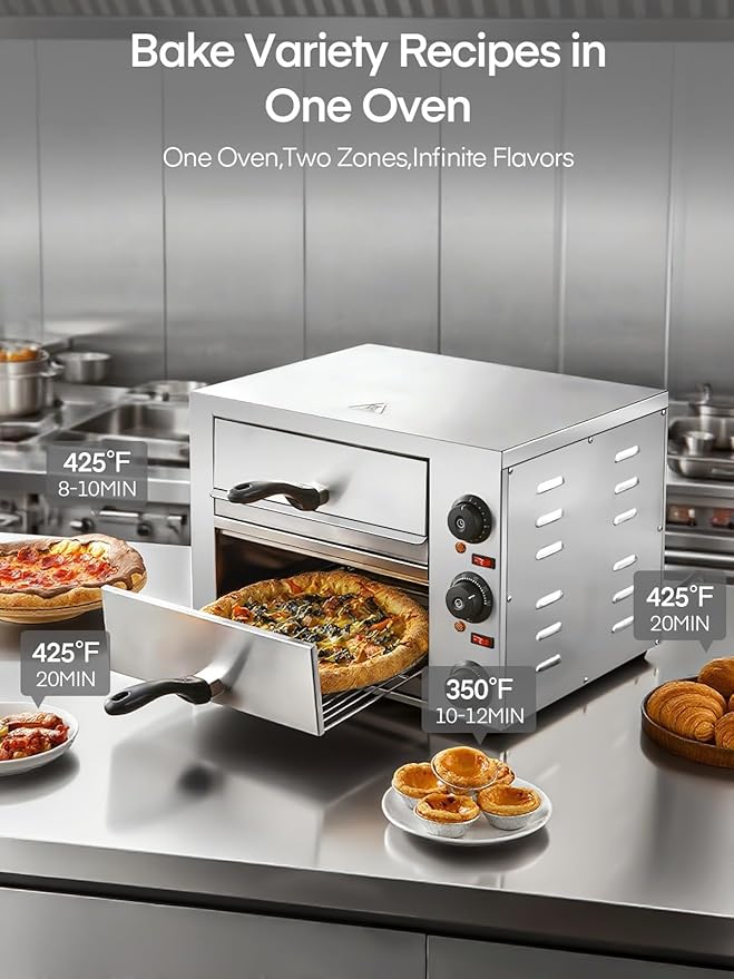 12 Inch Commercial Pizza Oven, Countertop Pizza Ovens with 662°F Max Temp, 2-Layer Electric Pizza Cooker with Alert Timer, 2200W Stainless Steel Pizza-Maker Machine, for Restaurant,Home, Party