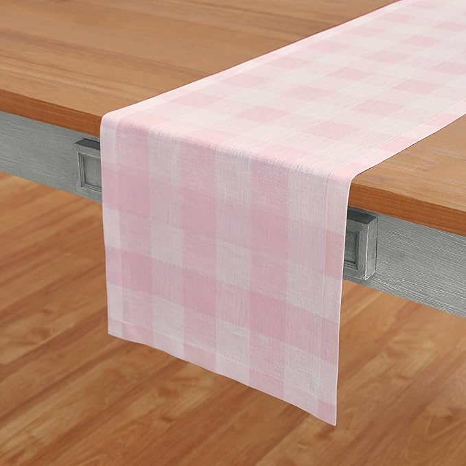 Solino Home Linen Checkered Table Runner 120 Inches Long - 100% Pure Linen Marshmellow Pink Buffalo Check Table Runner 14 x 120 Inch Ideal for Dining, Valentines, Spring, Easter