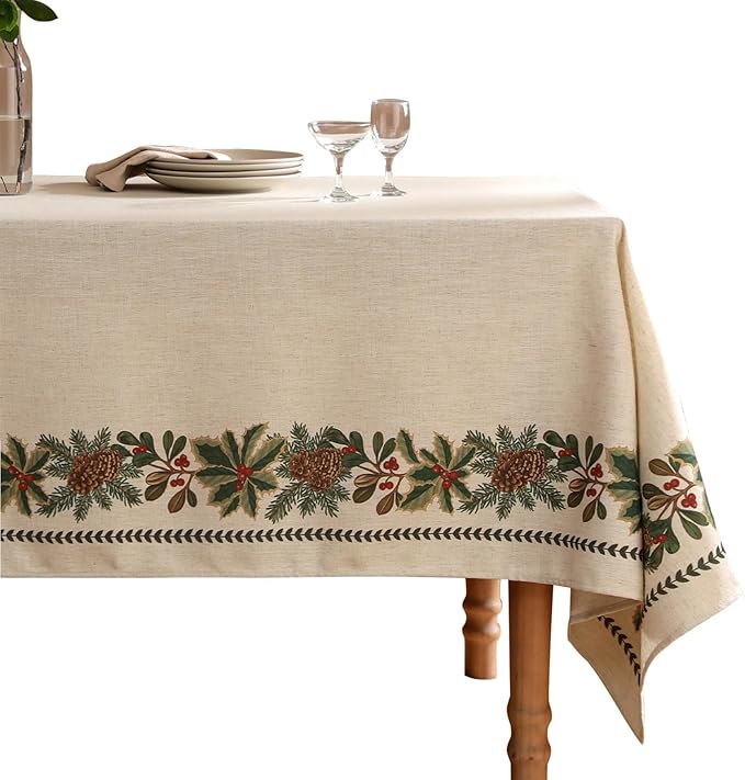ISAENNE Designer Christmas Linen Extra Long Rectangle Tablecloth,Light Beige Western Table Cloth,Wrinkle Resistant Decor Tablecloths for Dining Thanksgiving Kitchen Christmas,67"*118"-Carol G