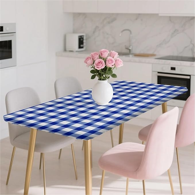 Rectangle Table Cloth Cover Waterproof Elastic Fitted Polyester Fitted Tablecloths for 6 Foot Tables for Indoor,Picnic, Camping, Outdoor （72" x 30"，Blue Grid）
