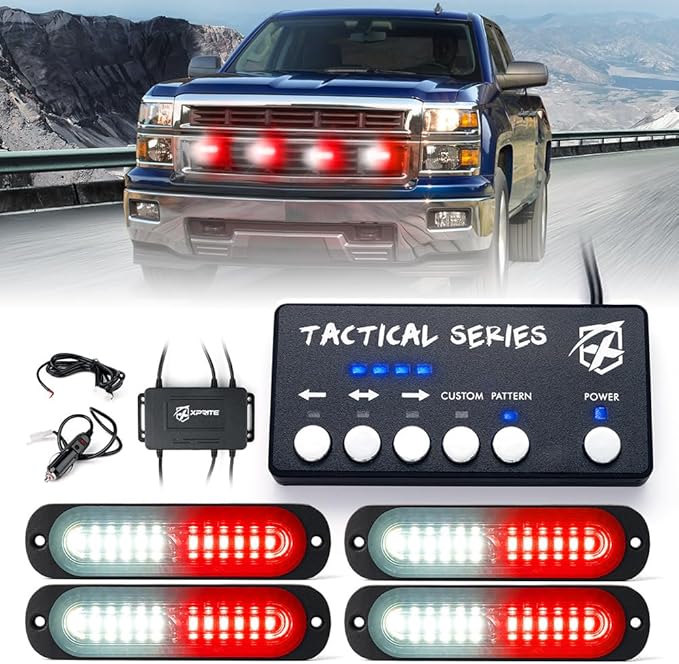 Xprite White Red LED Surface Mount Strobe Lights Kit, w/Control Panel Emergency Safety Warning Flashing Grille Cop Marker Light Assembly for Vehicles Trucks ATV UTV Motorcycle 4PCS