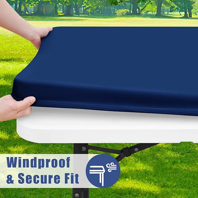 Spandex 8 Foot Rectangle Table Cloth 6 Pack, Elastic Fitted Tablecloths for Picnic, Stretch Washable Patio Table Cover for Outdoor, Camping, Banquet and Parties (Navy, 30"x96")