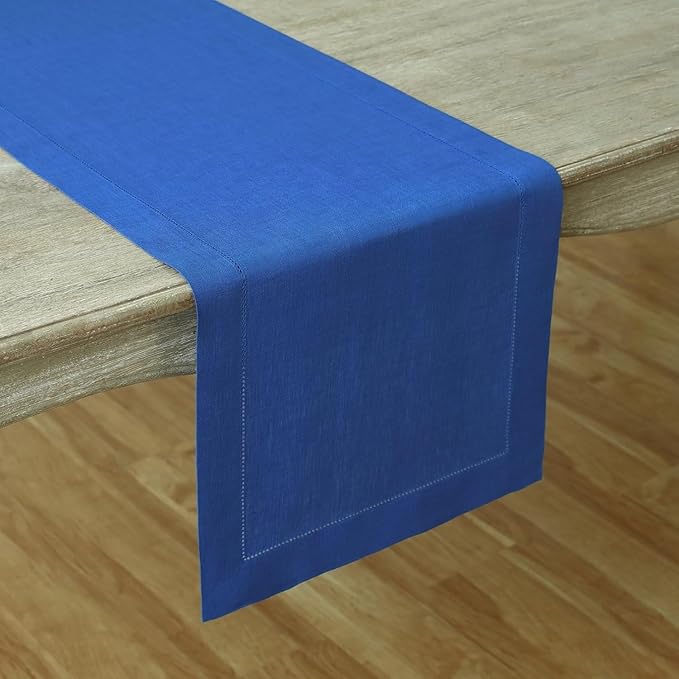 Solino Home Linen Royal Blue Table Runner 156 Inches Long - 100% Pure Linen Extra Long Table Runner 14 x 156 Inch for Spring - Classic Hemstitch