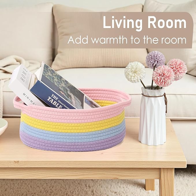 Woven Basket,Small Rope Storage Bin with Handles & Ribbon Bag, Organizer for Shelves Closets,Gift Basket Empty for Birthday,Books,Dog Toys, Rainbow