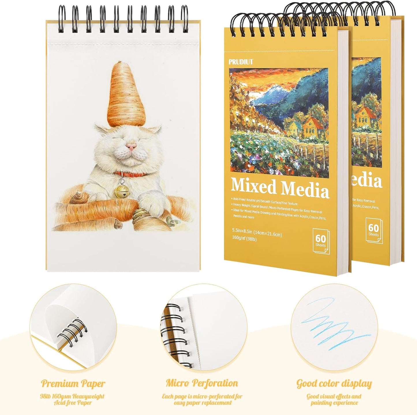 A5 Sketchbook, 2 Pack Mixed Media Sketchbook 120 Sheets Total, 98lb/160g/m² Heavy Weight Spiral Artist Sketchbook for Sketching, Crayons, Acrylics, Crafts, Ideal Gift