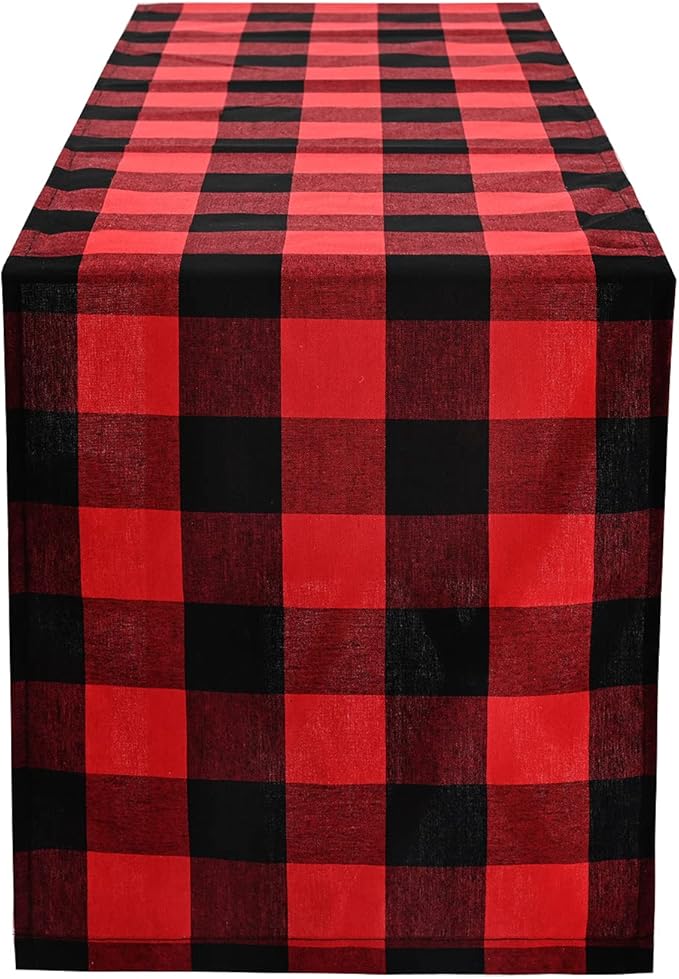 Tosewever Christmas Buffalo Check Plaid Table Runner, Cotton Polyester Blend Classic Family Dinner Table Runners for Indoor Outdoor Parties Events Home Decoration (Red and Black, 14 x 72 Inch)
