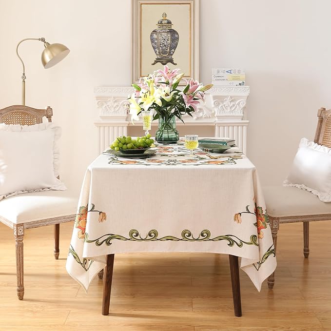 patdrea Designer Linen Rectangle Tablecloth,Vintage French Floral Tablecloths,Wrinkle Free Table Cloth,Decorative Table Cover Cloth for Kitchen,Dining,Tea Party,Home,Christmas,63"*102"