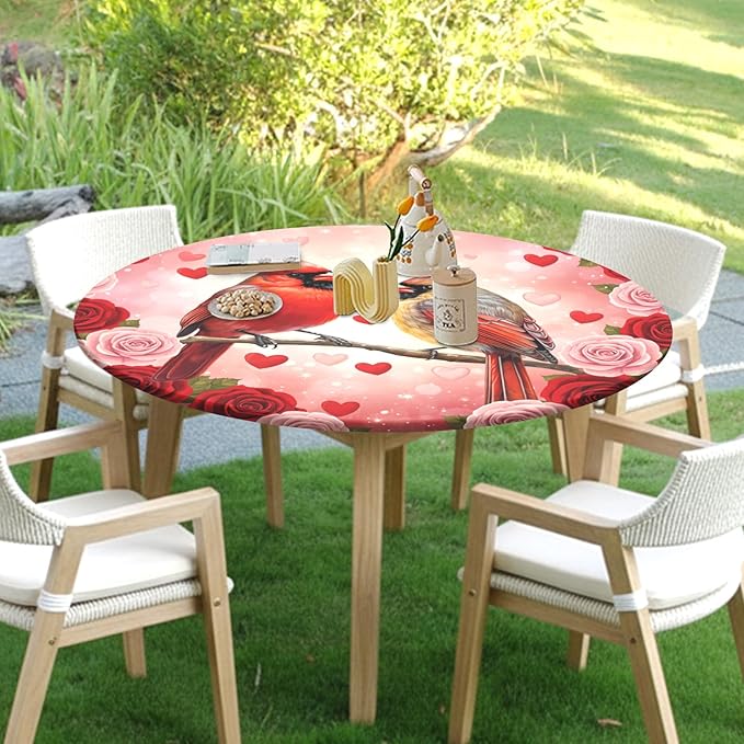 Valentines Day Round Fitted Tablecloth with Elastic Cardinal Bird Heart Circle Table Cloth for 44-48" Tables Wipeable Waterproof Washable Valentine Red Birds Table Cover for Picnic Dining Party Decor
