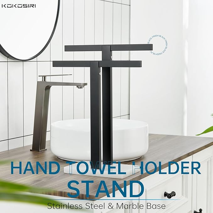 KOKOSIRI Hand Towel Bars Matte Black Towel Racks with Marble Base for Bathroom Kitchen Vanity Countertop, Stainless Steel 15.7'' Height THS0001-SM-BK