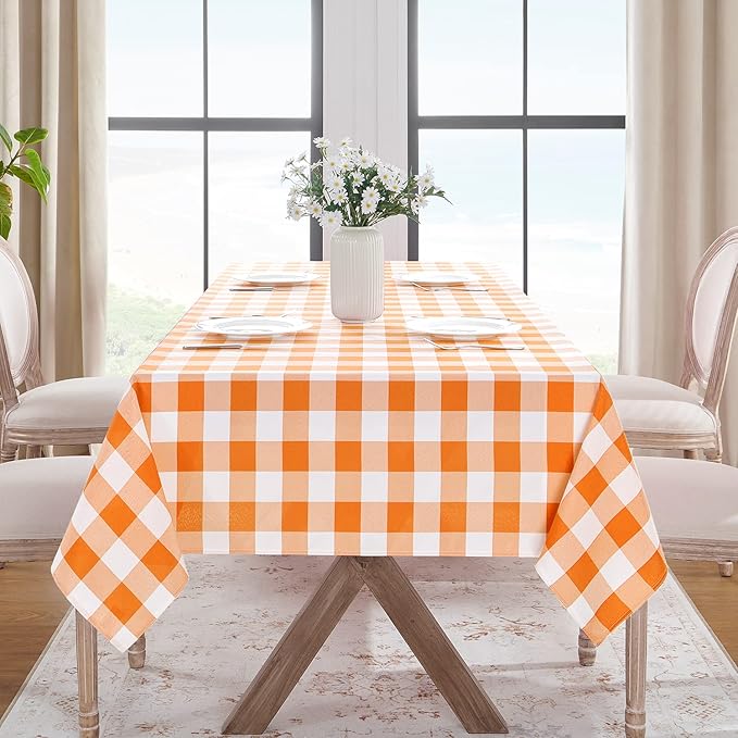 Softalker Gingham Checkered Tablecloth Rectangle - Outdoor Waterproof Buffalo Plaid Table Cloth, Stain Resistant Washable Table Cover for Picnic, Camping, Dining - Orange and White, 54 x 120 Inch